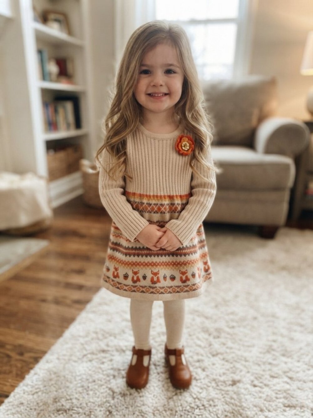 Aspen Kids Girl Novelty Fox Fair Isle Autumn Knit Sweater Dress 4T